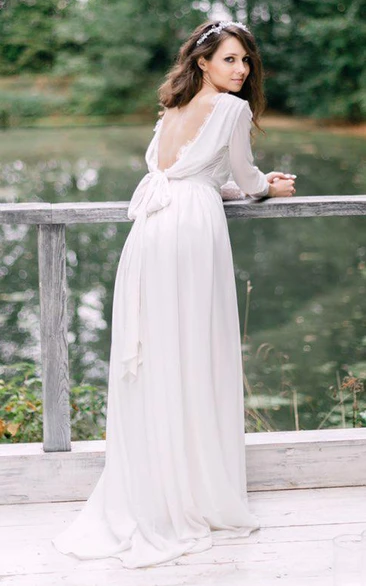 Chiffon V-neck Long Sleeve Simple Solid Sweep Train Wedding Dress with Bow