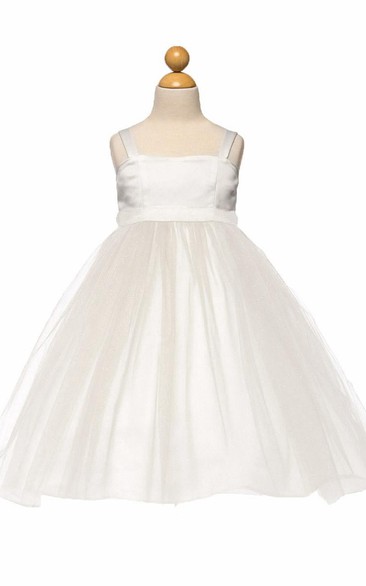 Spaghetti Tea-Length Tiered Empire Tulle&Satin Flower Girl Dress