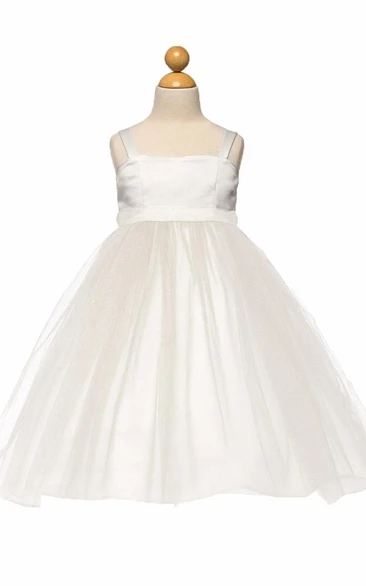Spaghetti Tea-Length Tiered Empire Tulle&Satin Flower Girl Dress