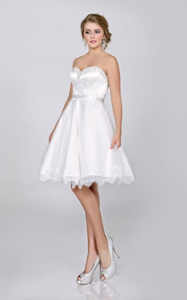 A-Line Short Satin Sweetheart Wedding Dress With Lace Hemline