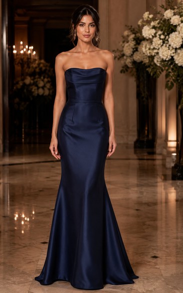 Dark Navy Satin Strapless Mermaid Bridesmaid Dress