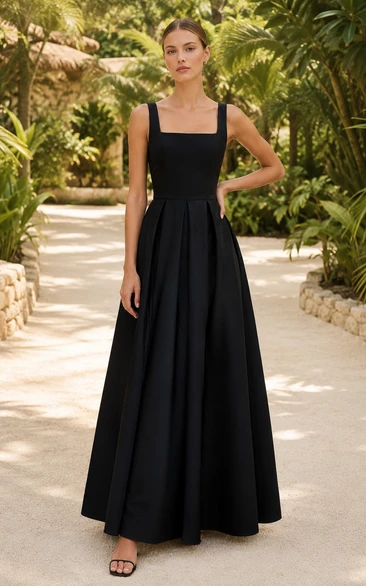 Schwarzes, eckiges A-Linien-Brautjungfernkleid aus Satin mit weitem Rock und eckigem Ausschnitt