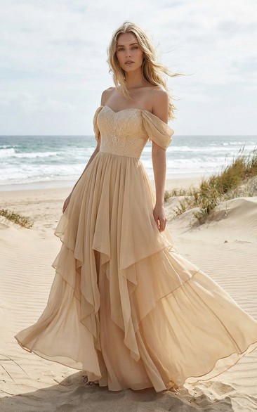 Sweetheart Off-Shoulder Chiffon Boho Gown