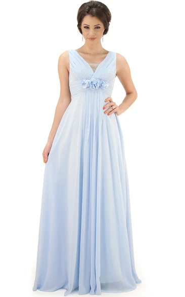 Floor-Length V-Neck Ruched Chiffon Bridesmaid Dress With Flower And V Back