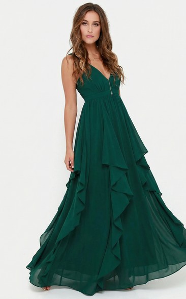 Dark Green Sleeveless Floor-Length Chiffon Dress