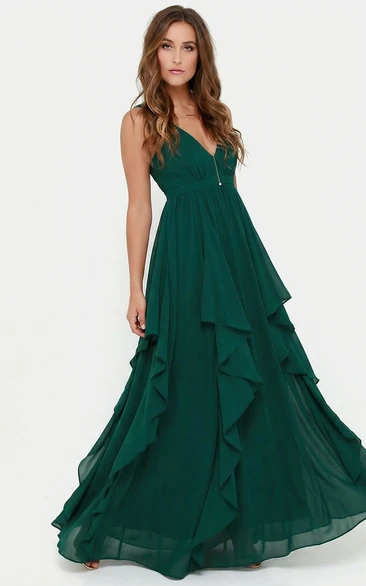 Dark Green Sleeveless Floor-Length Chiffon Dress