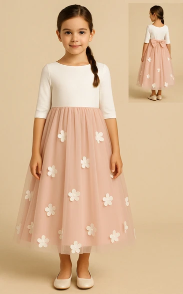 Scoop-neck Half-sleeve Satin Tulle Flowergirl Dress with Bow