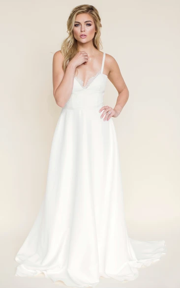 Sheath Spaghetti Lace Short-Sleeve Floor-Length Wedding Dress