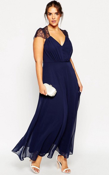 Ankle-Length V-Neck Cap Sleeve Appliqued Chiffon Bridesmaid Dress