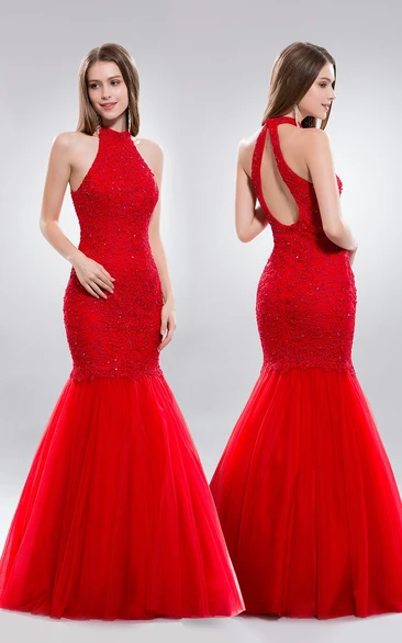 Mermaid High Neck Sleeveless Tulle Keyhole Dress With Appliques And Pleats