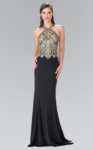 Sheath Floor-Length Halter Sleeveless Jersey Backless Dress With Appliques