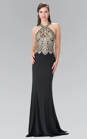Sheath Floor-Length Halter Sleeveless Jersey Backless Dress With Appliques