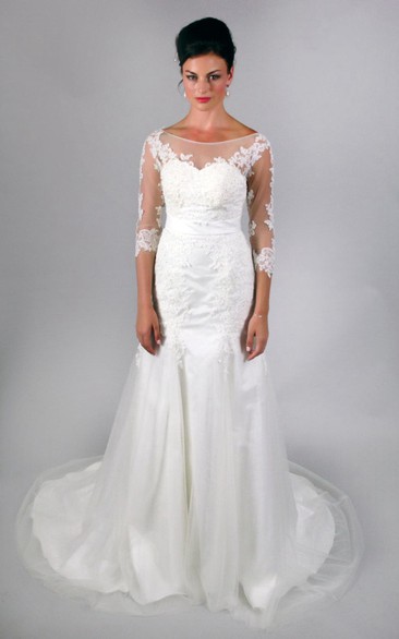 3-4 Sleeve Mermaid Lace and Tulle Dress With Bateau Neck and Low-V Back