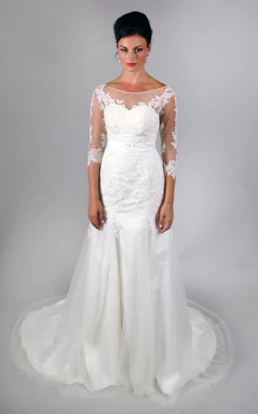 3-4 Sleeve Mermaid Lace and Tulle Dress With Bateau Neck and Low-V Back