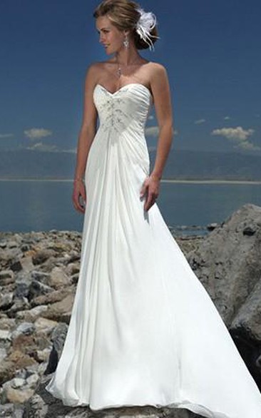 A-Line Sweetheart Ruffles Beading Chiffon Court Train Wedding Dress