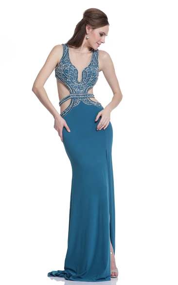 Sheath Long Scoop-Neck Sleeveless Jersey Backless Dress With Beading