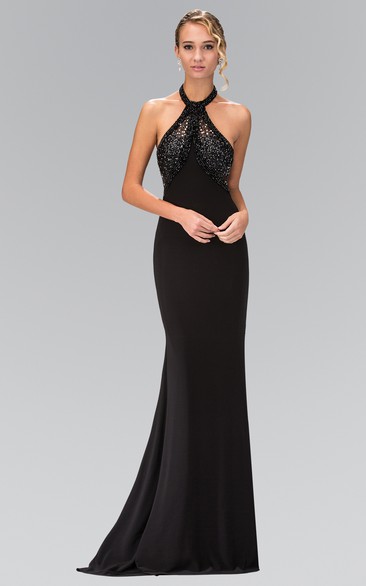Sheath Long Halter Sleeveless Jersey Backless Dress With Beading
