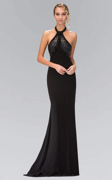 Sheath Long Halter Sleeveless Jersey Backless Dress With Beading