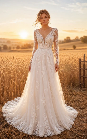 Country V-neck Tulle A-line Wedding Dress with Lace