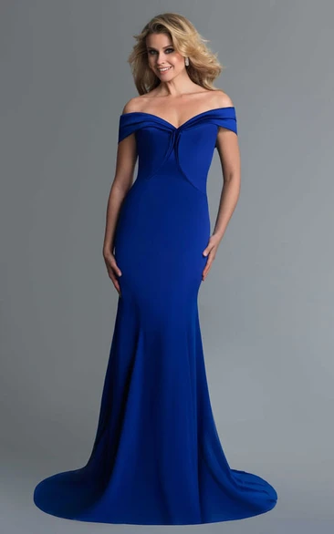 Sheath Long Off-The-Shoulder Jersey Sweep Train Low-V Back Dress