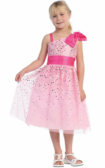 Floral Tea-Length Floral Bowed Tulle&Satin Flower Girl Dress With Sash