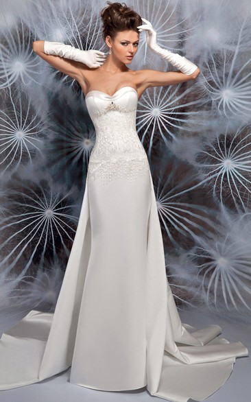 Sheath Floor-Length Beaded Sleeveless Sweetheart Satin Wedding Dress With Lace-Up Back And Bow