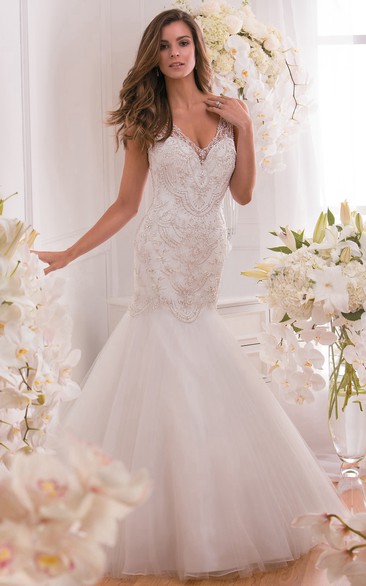 V-Neck Sleeveless Mermaid Gown With Appliques And Beadings