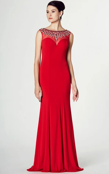 Sleeveless Beaded Bateau Neck Jersey Prom Dress With Brush Train
