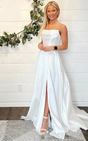 Satin Front Split Strapless A-line Backless Wedding Dress