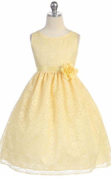 Floral Tea-Length Tiered Lace Flower Girl Dress