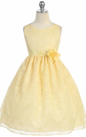 Floral Tea-Length Tiered Lace Flower Girl Dress