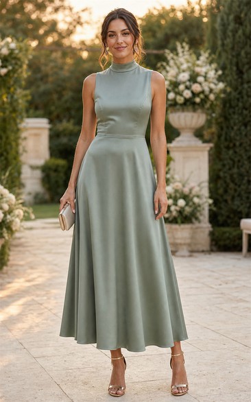 Sage High Neck Satin Tea-length A-Line Dress