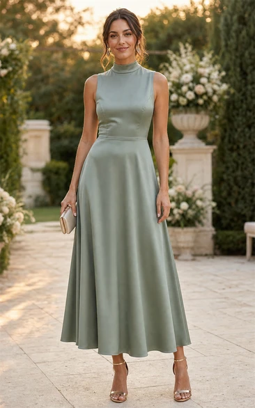 Sage High Neck Satin Tea-length A-Line Dress