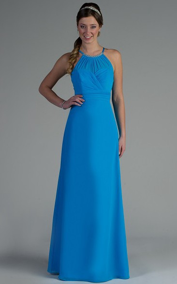 Crystal High Neck A-Line Chiffon Long Bridesmaid Dress With Back Keyhole
