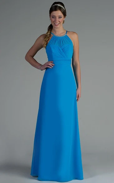 Crystal High Neck A-Line Chiffon Long Bridesmaid Dress With Back Keyhole