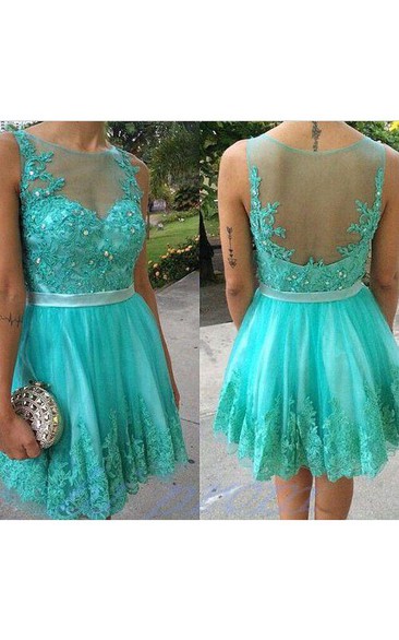 Sleeveless Jewel Neck Backless Lace Short Prom Gown