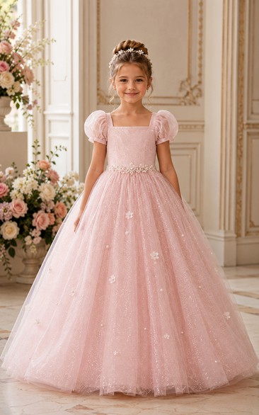 Princess Pink Puff Sleeve Tulle Flower Girl Ball Gown with Floral Appliques