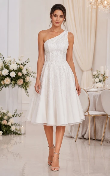 White One-Shoulder Lace Tea-Length Bridal Dress