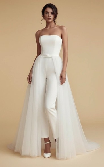 Strapless Thin Waistband High Waist Wide Leg Wedding Jumpsuit with Tulle Skirt