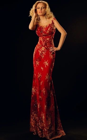 Pencil Long Cap-Sleeve Scoop Appliqued Lace Prom Dress With Low-V Back And Brush Train