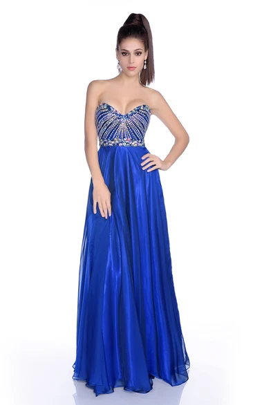 Chiffon Sweetheart A-Line Prom Dress With Shining Bodice And Jeweled Band