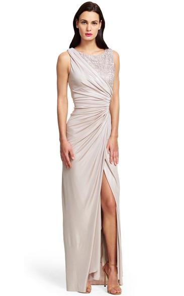 Sheath Split-Front Sleeveless Bateau Neck Jersey Bridesmaid Dress