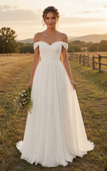 Simple Off Shoulder A-Line Chiffon Country Wedding Dress with Pleated Bodice and Train