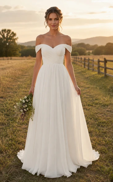 Simple Off Shoulder A-Line Chiffon Country Wedding Dress with Pleated Bodice and Train