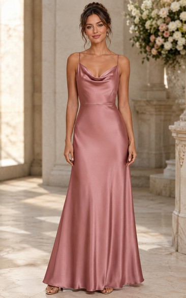 Dusty Rose Cowl Neck Satin Sheath Bridesmaid Dress