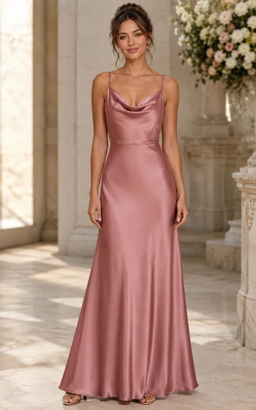 Dusty Rose Cowl Neck Satin Sheath Bridesmaid Dress