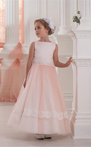 Flower Girl Bateau A-line Tulle Gown With Lace Up