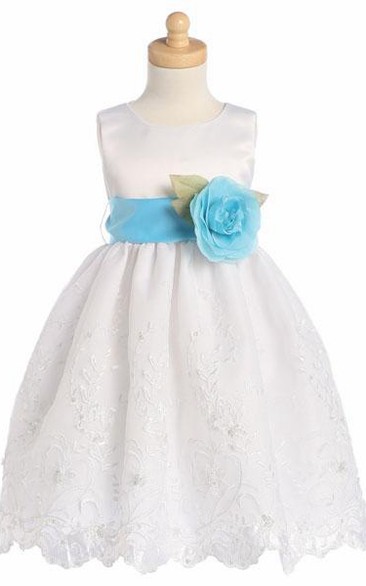 Tea-Length Floral Tiered Organza&Satin Flower Girl Dress With Embroidery