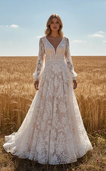 Boho Long Sleeve A-line Wedding Dress with Floral Patterns