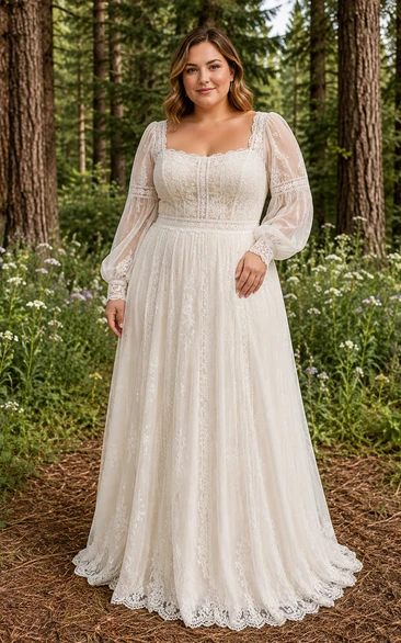 Plus Size Hochzeitskleid mit eckigem Ausschnitt, langen Ärmeln und Spitze in A-Linie